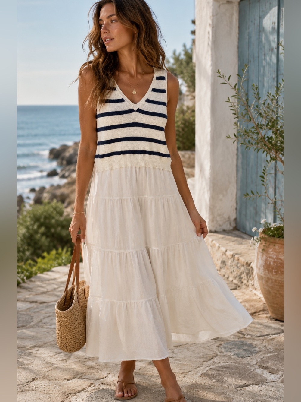 Say What NYC Striped V-Neck Cream & Navy Dress XL Sleeveless Coastal Nautical